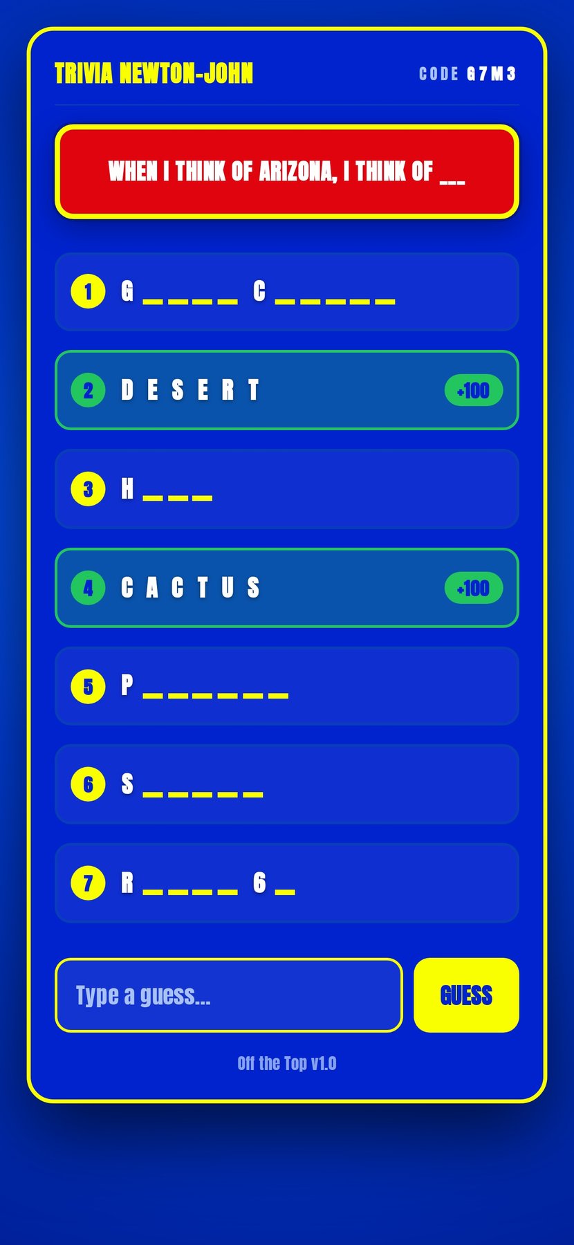 Off the Top board — player view