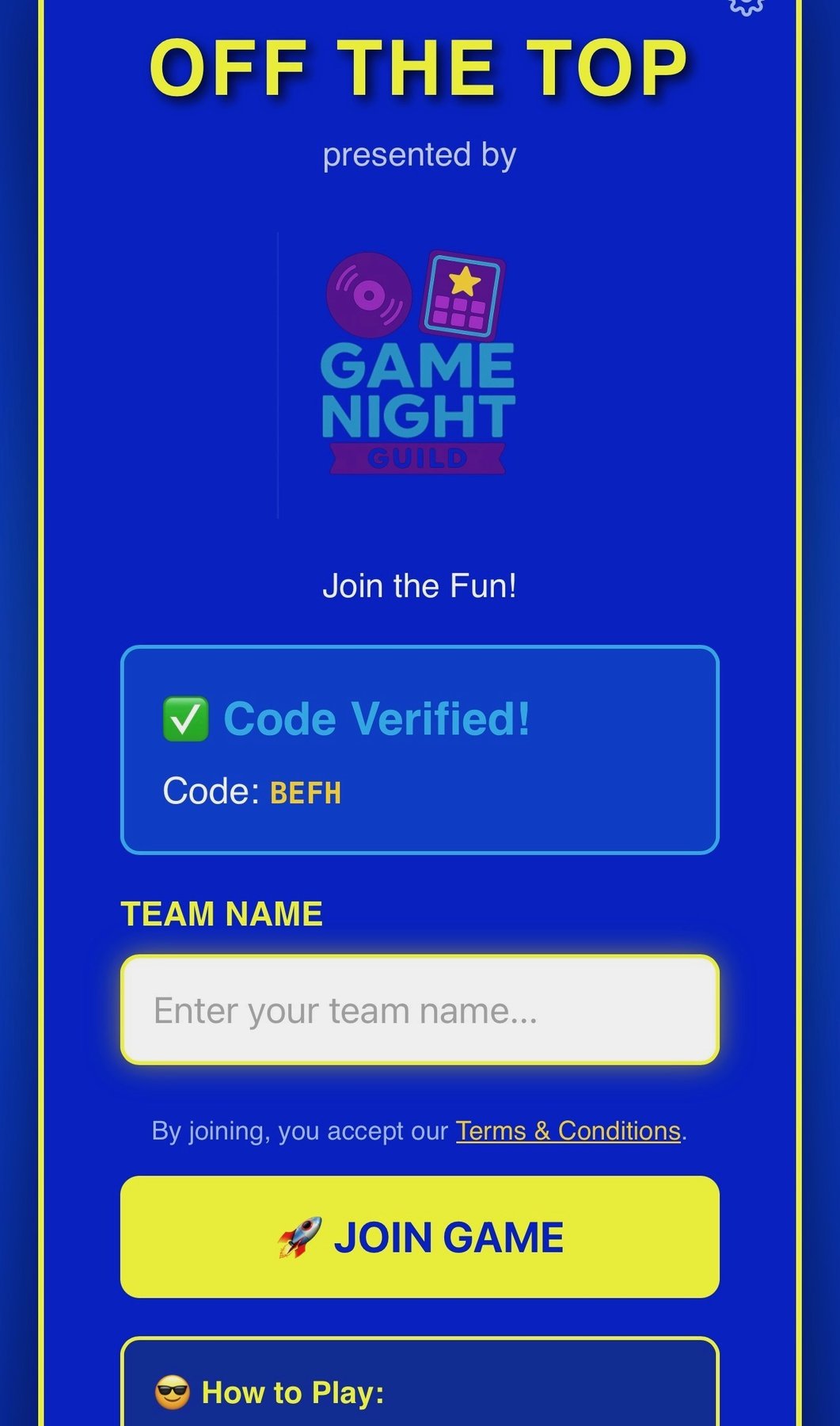 Off the Top team join screen